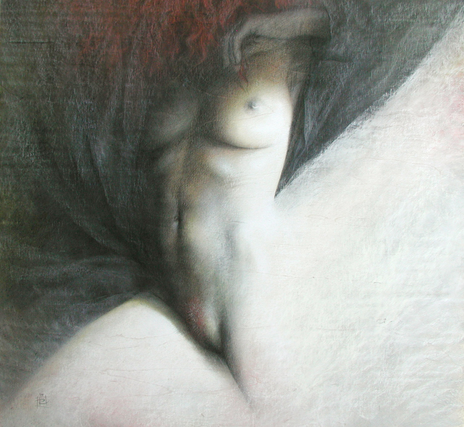 „Die Strähne“ . Pastellkreide und Farbstift auf Holz . 67 x 64 cm . 2004